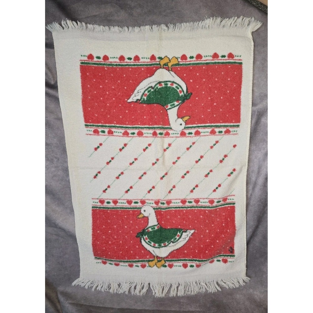 Vtg 80s 90s Country Goose Hand Towel Christmas Hearts Fringed Retro